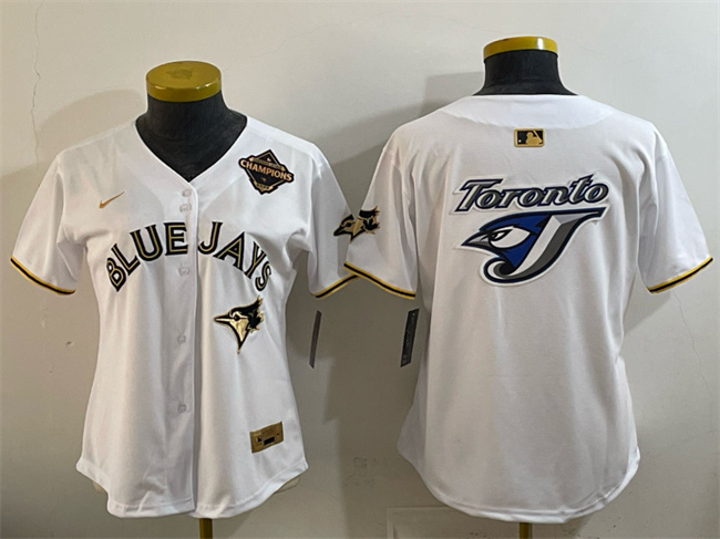 Women's Toronto Blue Jays Team Big Logo White Gold 2025 American League Champions Limited Stitched Baseball Jersey(Run Small) Women's Toronto Blue Jays Team Big Logo White Gold 2025 American League Champions Limited Stitched Baseball Jersey(Run Small)